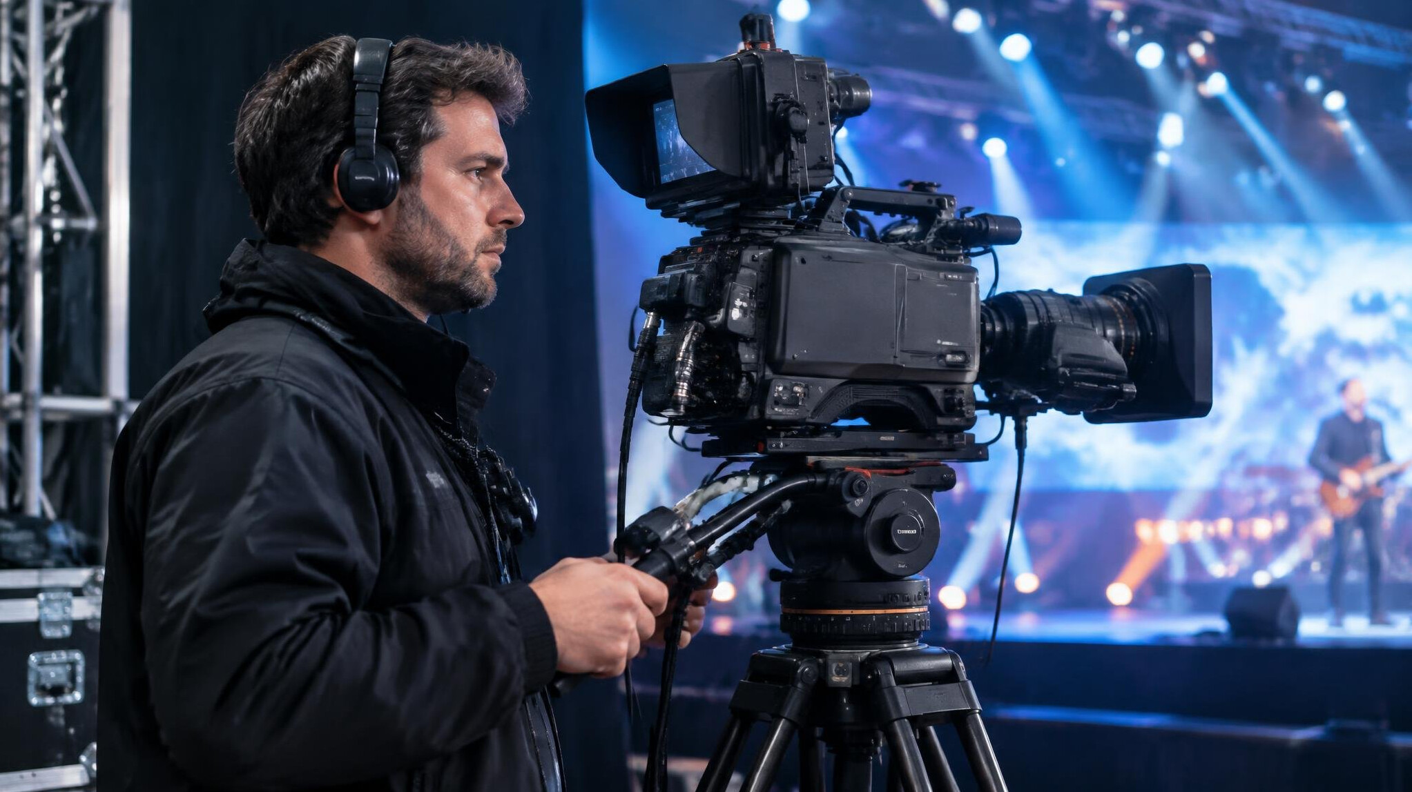 Camera operator filming a live stage performance