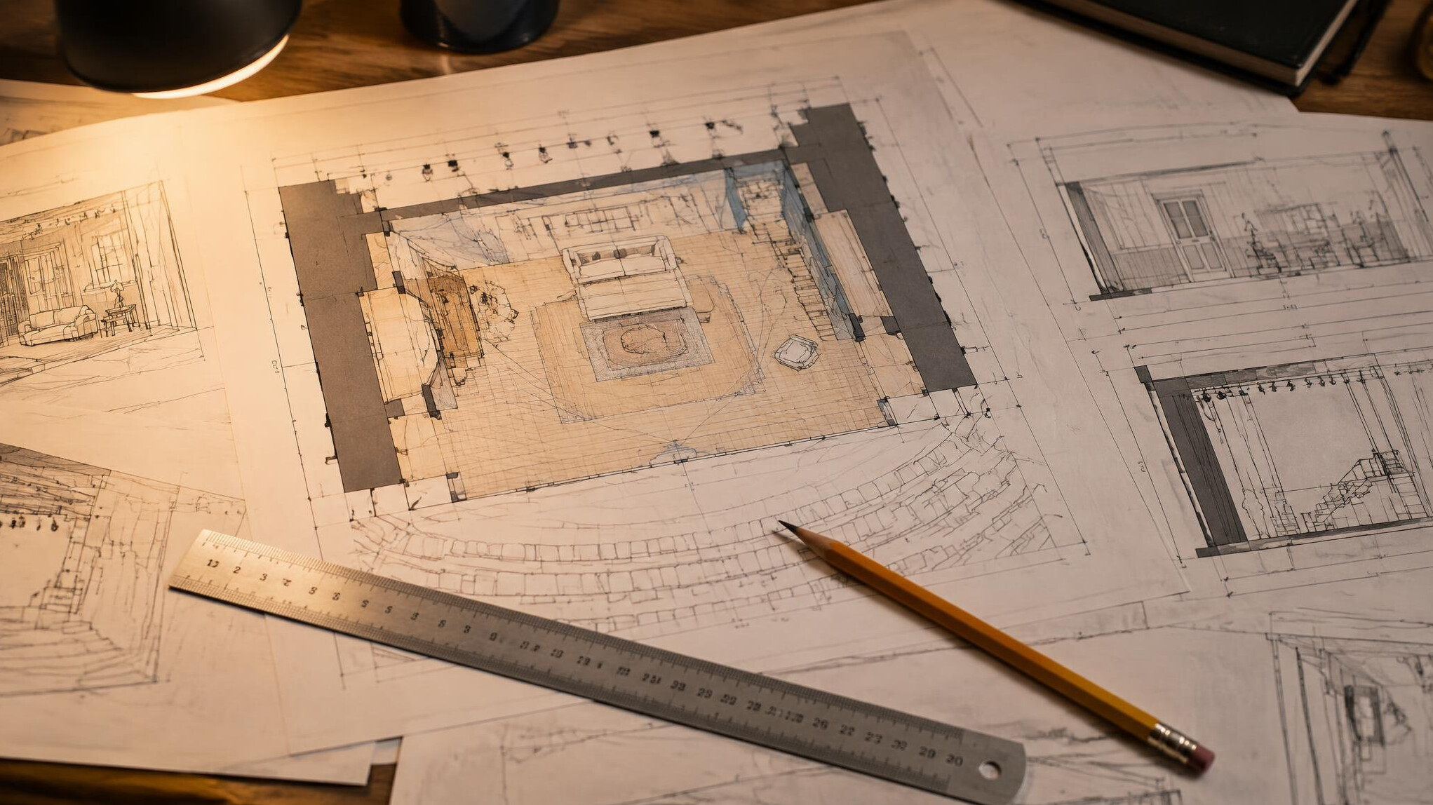 Stage set floor plan drawing spread across a production desk