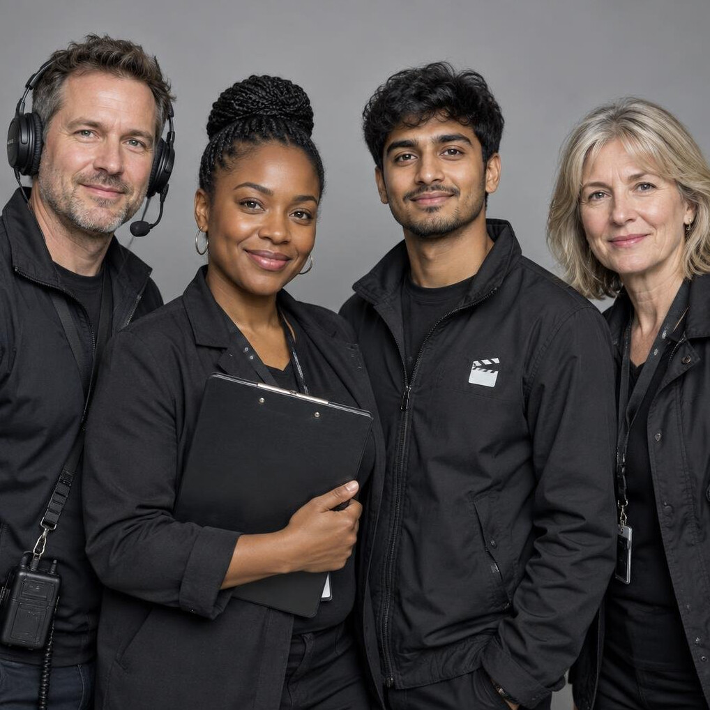Group portrait of a stage production crew standing together