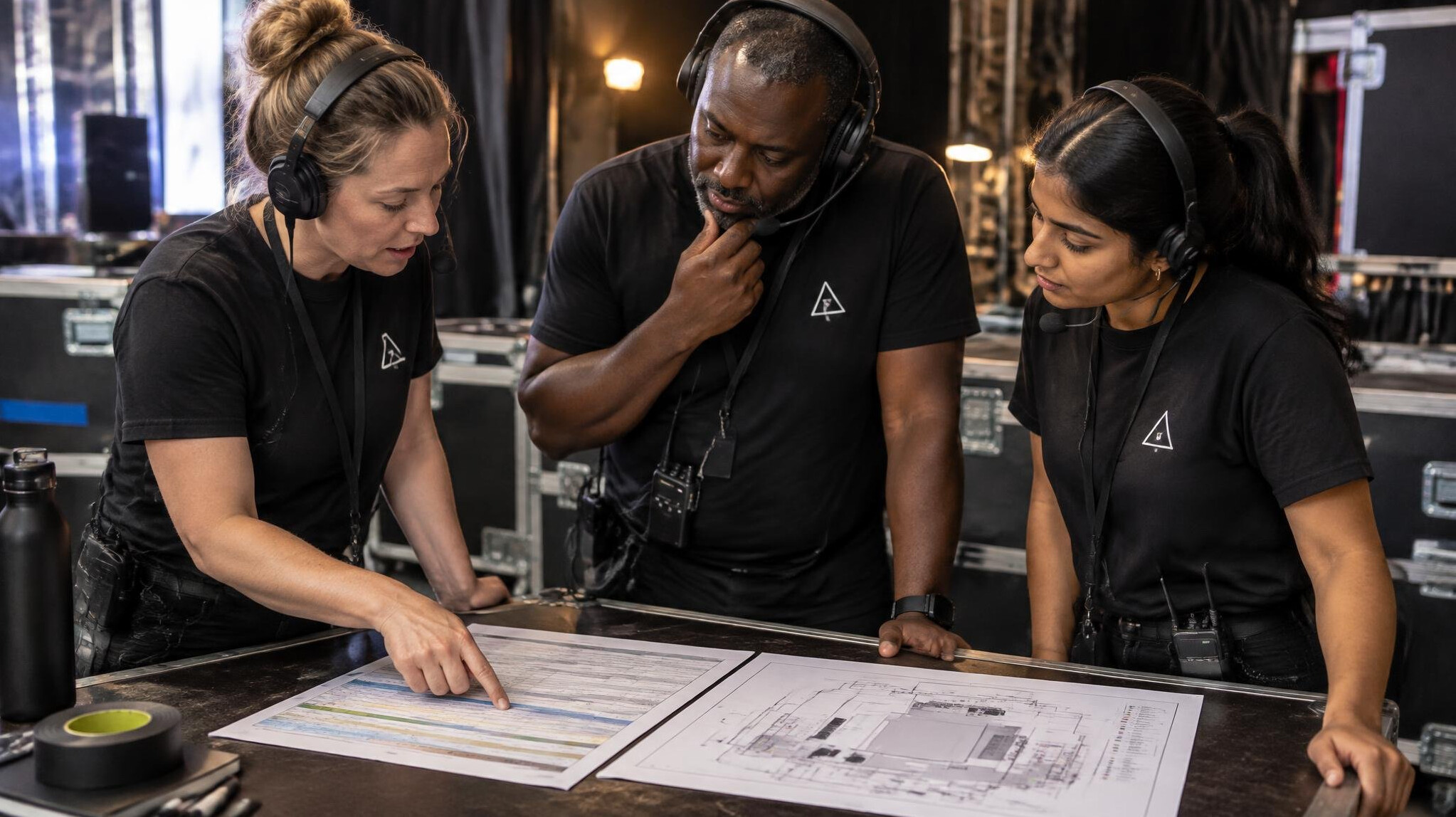 Production team reviewing a show run sheet together backstage