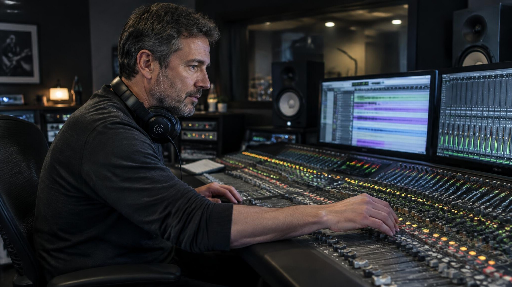 Sound engineer working at a mixing console during rehearsal